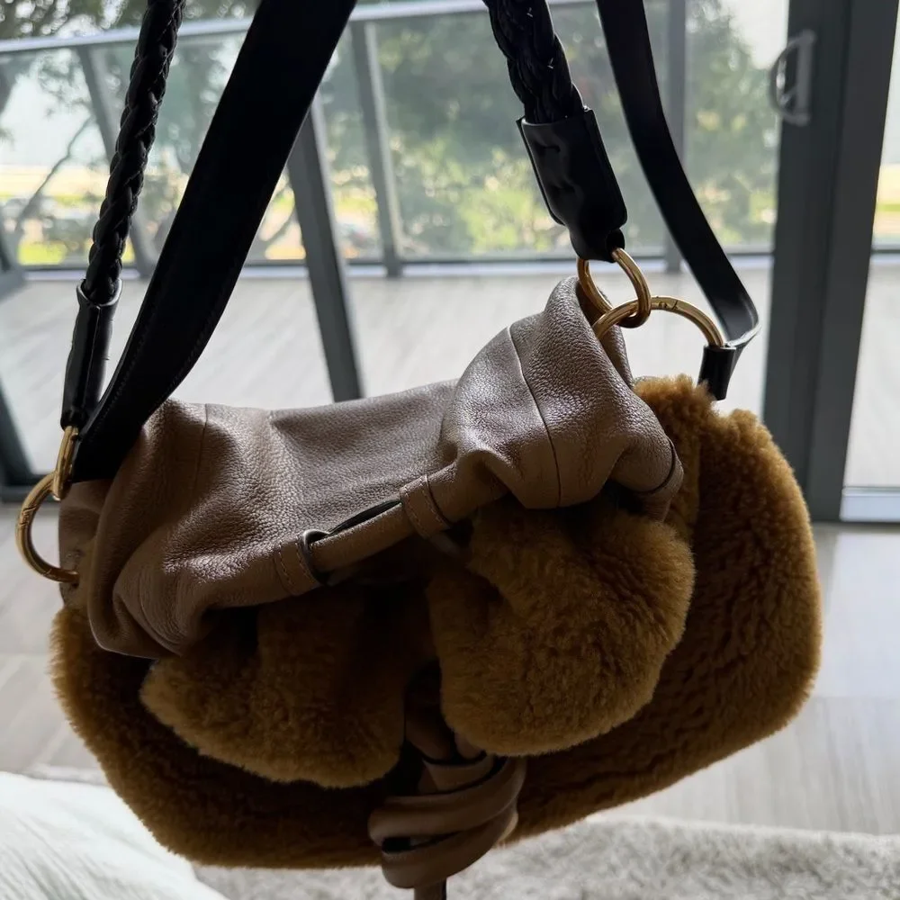 See By Chloe Brown Leather and Shearling handbag with Gold Detail